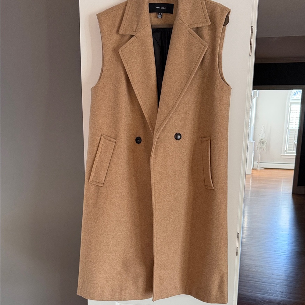 Vero Moda Camel Sleeveless Double-Breasted Wool-Blend Vest